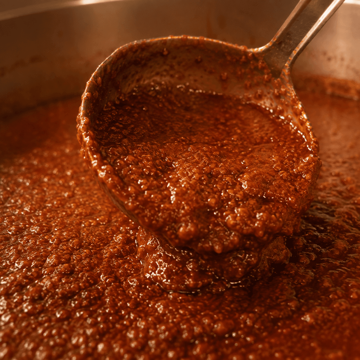 A stainless steel ladle lifting thick red sauce, which clings to the bowl and falls back into the pan below.