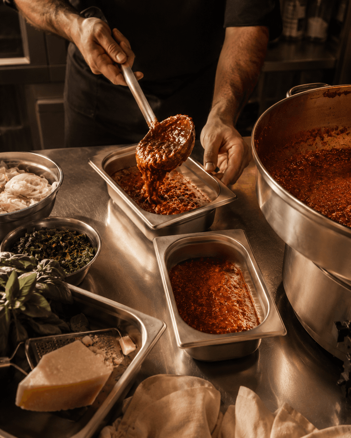 Hands ladling red sauce into stainless gastronorm pans on a prep counter, beside bowls of sliced onion, chopped herbs, fresh basil and grated cheese.