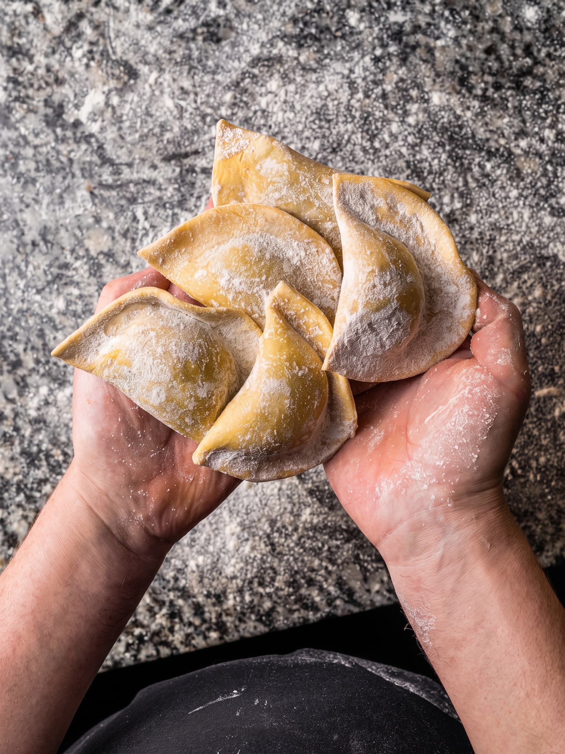 Two floured hands holding several pieces of freshly made ravioli over a stone counter.
