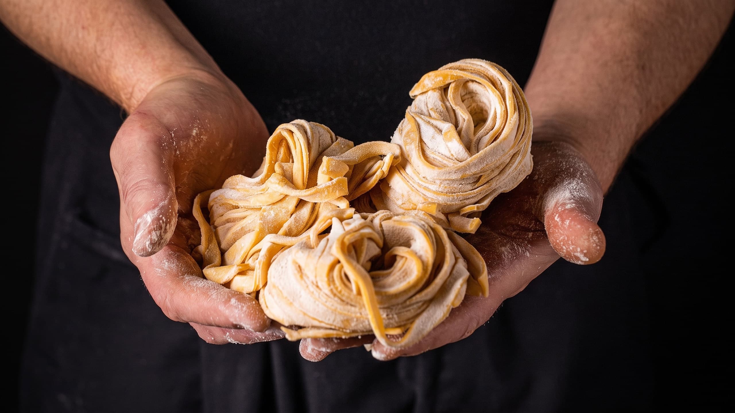 Hands holding freshly made pasta in Spaghetto's production environment.