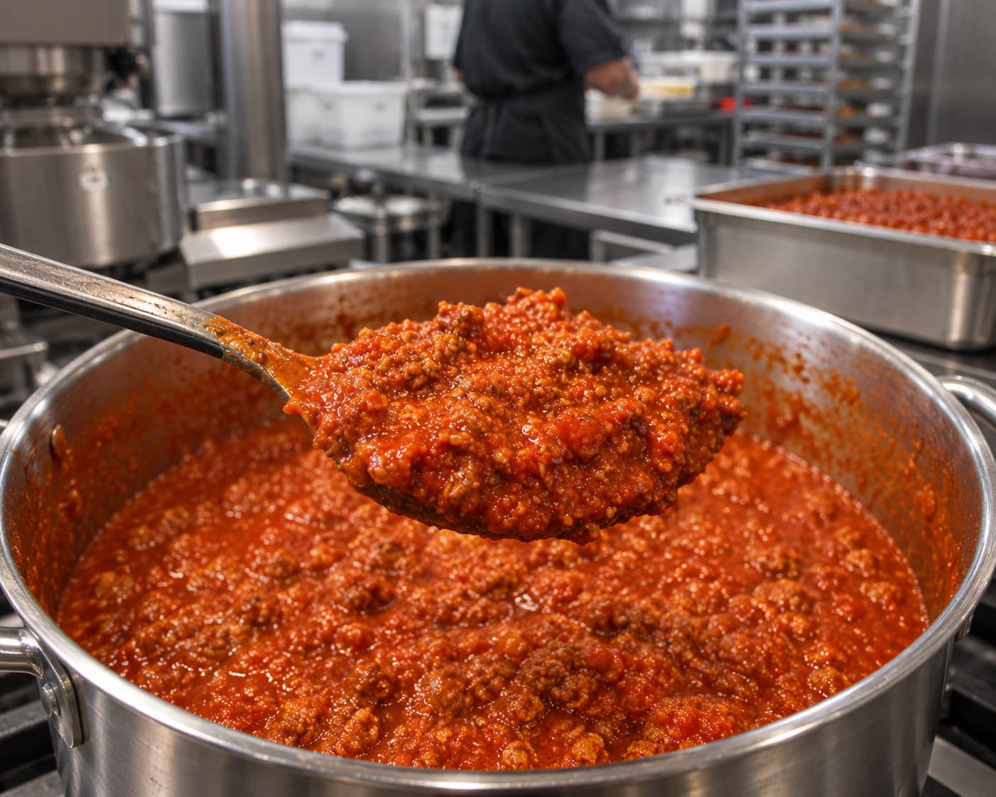 Ragù alla Bolognese in production at Spaghetto, a ladle lifting a spoonful from a large stainless pot.