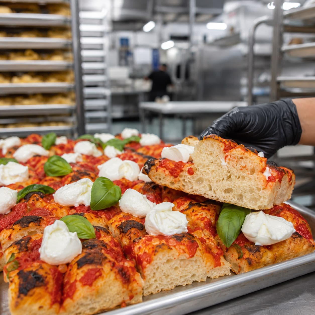 Italian focaccia prepared in Spaghetto's professional production kitchen, topped with tomato, mozzarella and basil, with a cut piece held up to show its texture.