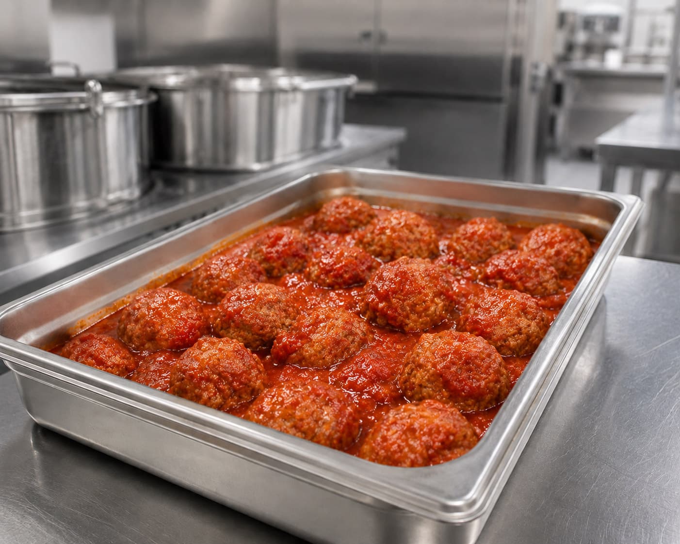 Meatballs in tomato sauce, arranged in a stainless production tray, prepared for professional hospitality service.