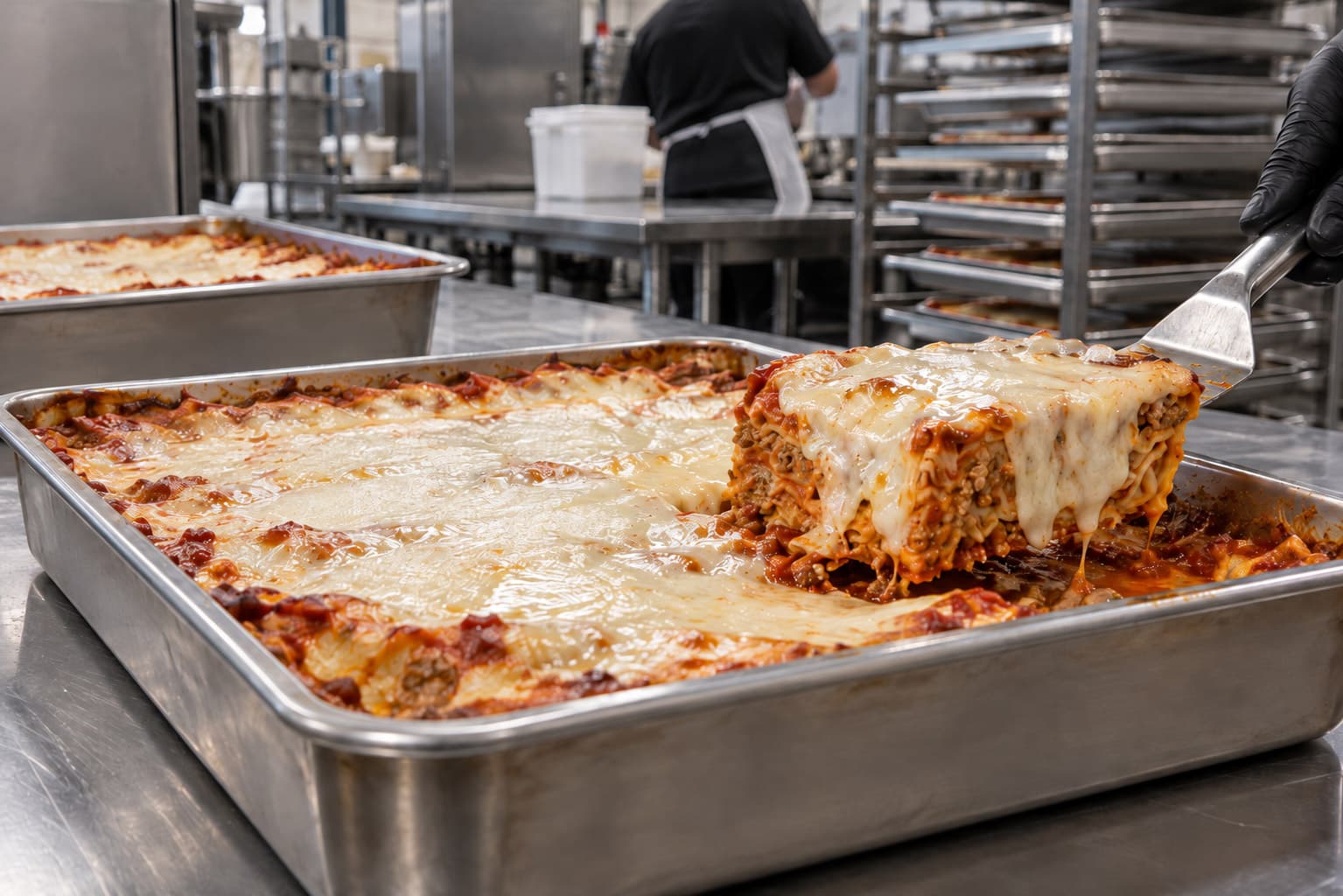 Lasagna being prepared in Spaghetto's professional production kitchen, a portion lifted from the tray with visible layers of pasta, meat sauce and melted cheese.