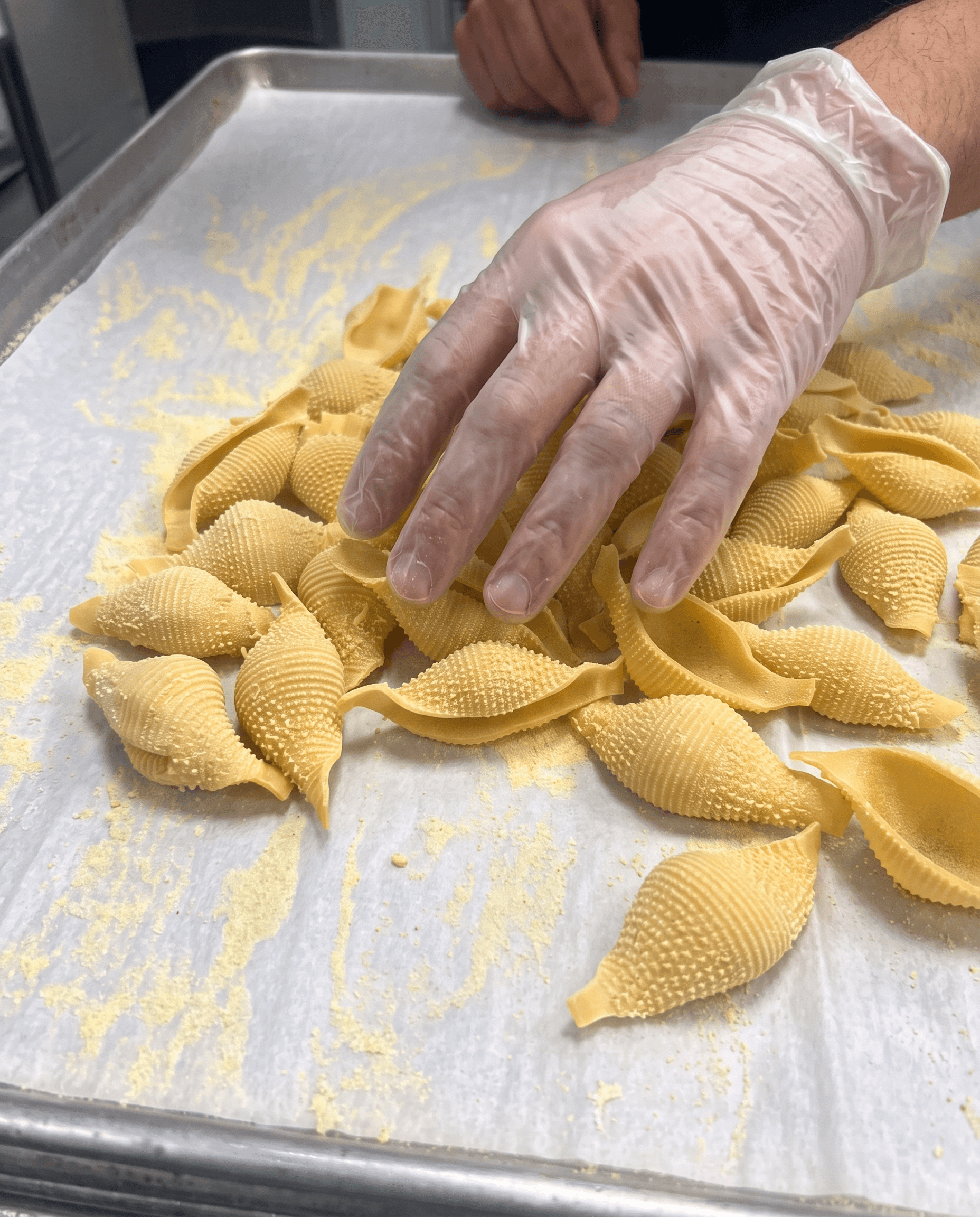 A gloved hand pressing down on a tray of golden ridged shell-shaped pasta spread across a stainless steel sheet pan dusted with flour.