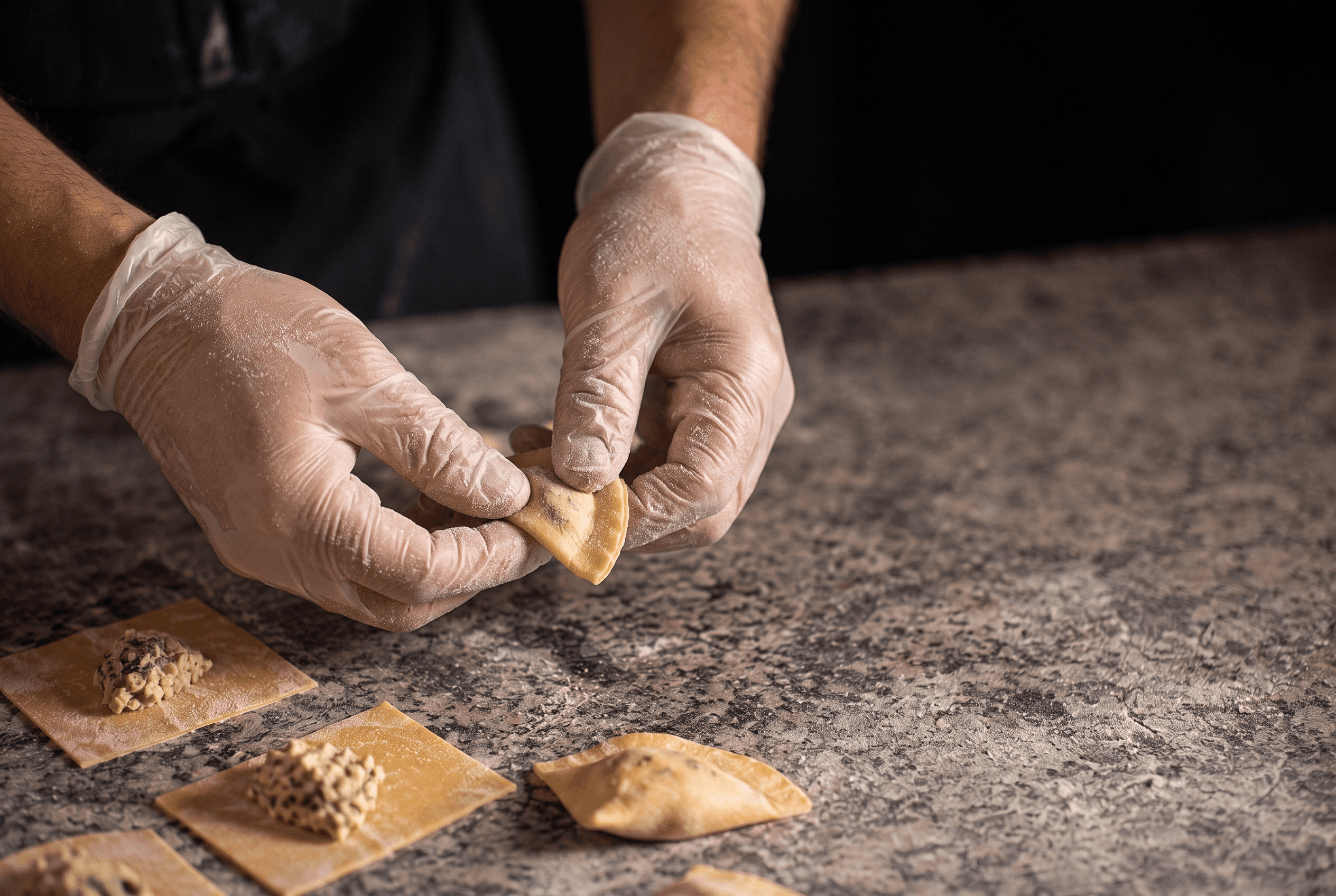Two gloved hands folding and pressing a small half-moon of filled pasta closed over a dark stone counter, with squares of pasta sheet mounded with herb-flecked filling waiting below.