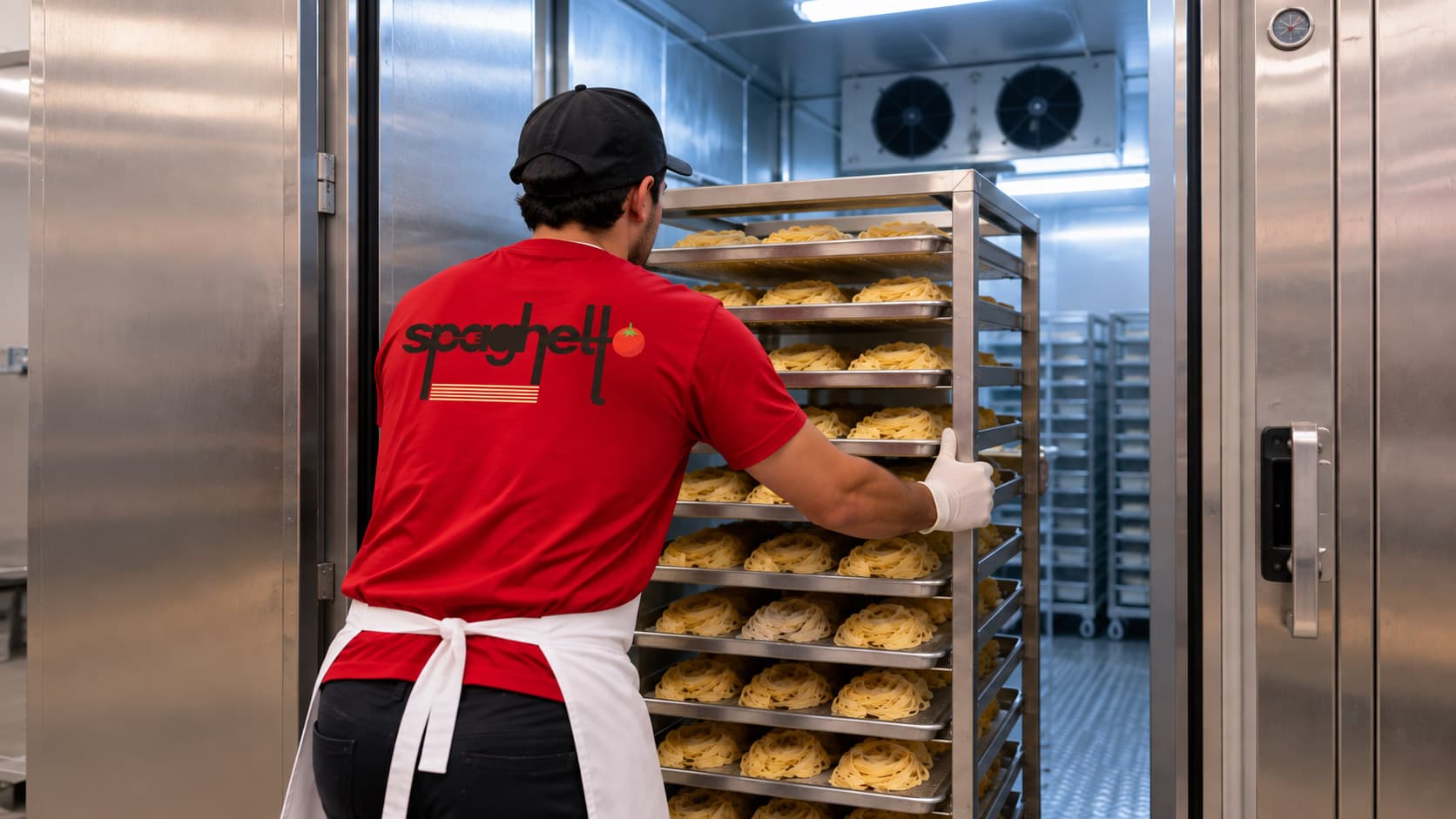 A Spaghetto worker in a branded red shirt pushes a rolling rack of trayed fresh pasta into a refrigerated storage room, steadying the rack with a gloved hand.