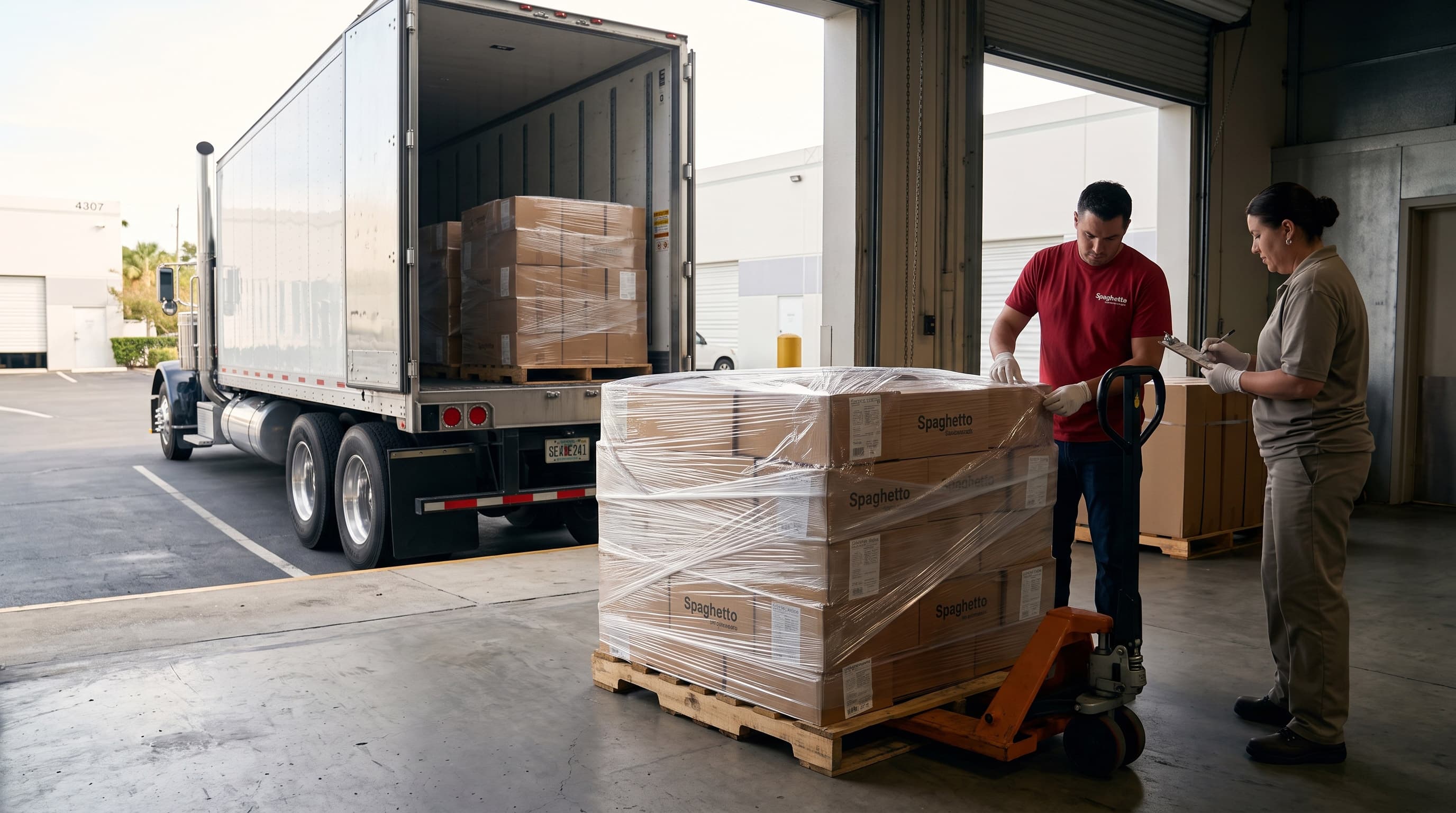 A Spaghetto worker maneuvers a pallet jack under a wrapped pallet of Spaghetto-labeled cases at a loading dock, while a colleague reviews a clipboard beside an open trailer.