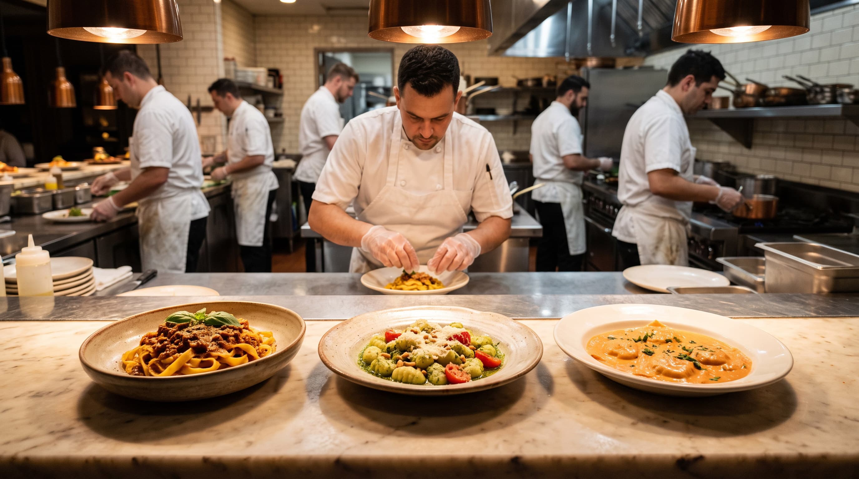 A chef plating pasta at a restaurant kitchen pass, with three finished dishes in the foreground -- tagliatelle in ragù, pesto gnocchi with cherry tomatoes, and ravioli in a pink sauce -- while other chefs work at stations behind him.