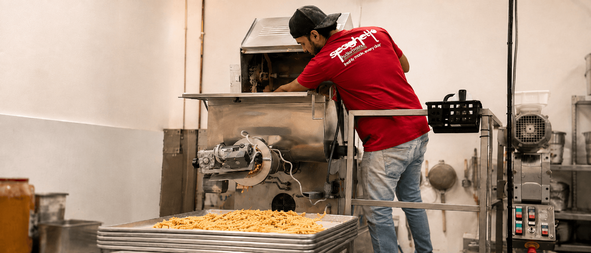 A worker in a Spaghetto shirt at a pasta machine in the production room, with freshly extruded short pasta collecting on trays.