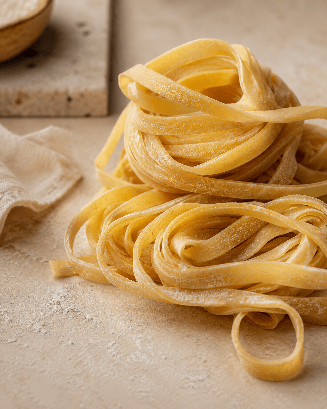 Two nests of fresh fettuccine ribbons, lightly dusted with flour, resting on a pale stone surface beside a linen cloth.
