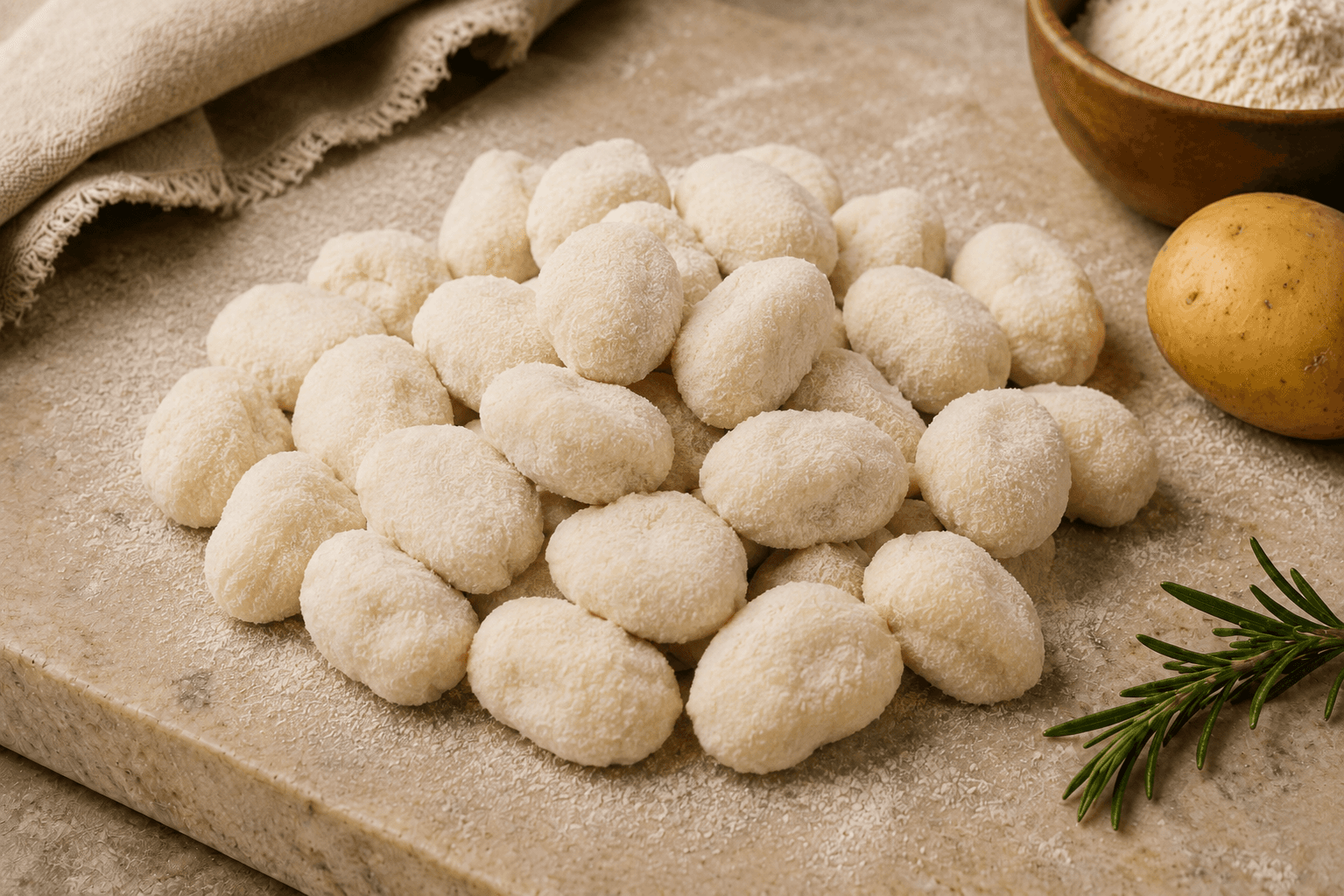 Ridged gnocchi heaped on a pale stone board and dusted with flour, with a potato and a sprig of rosemary alongside.