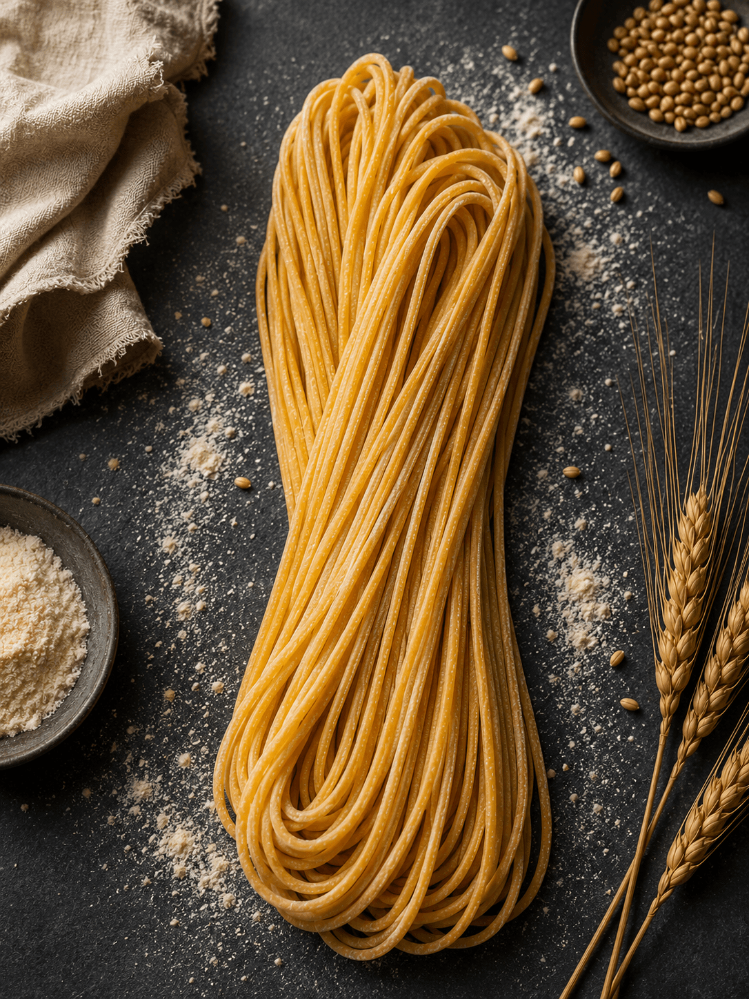 A coiled nest of fresh long pasta strands on a dark stone bench, with scattered flour, wheat grains and ears of wheat around it.