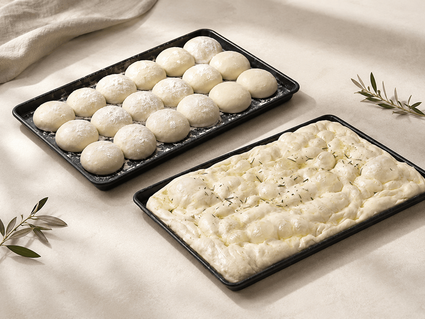 Two black trays on a pale cloth: rounded Pizza Balls on one, dimpled Focaccia dough scattered with rosemary on the other.