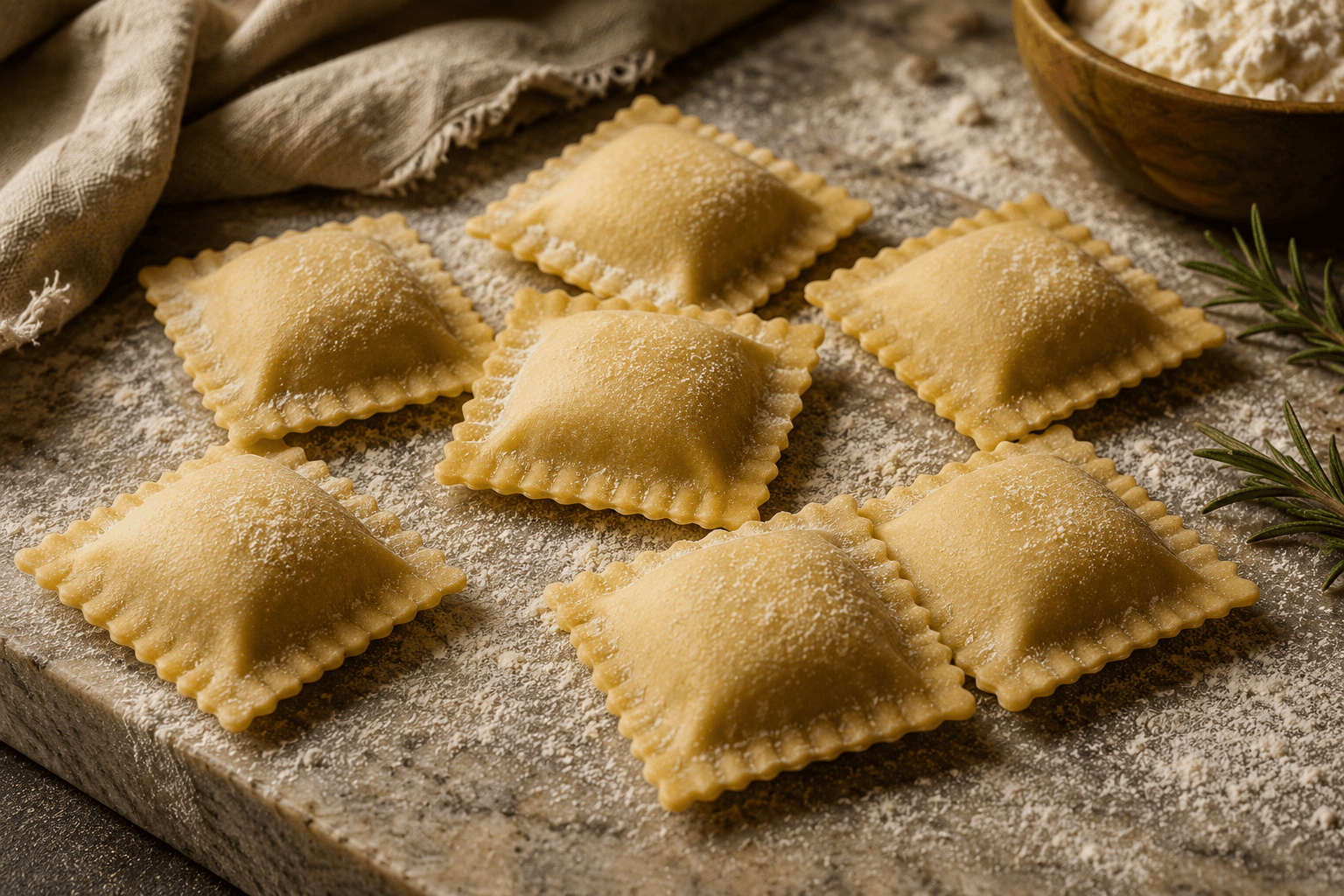 Square ravioli with crimped edges, dusted with flour on a stone board beside a bowl of flour.