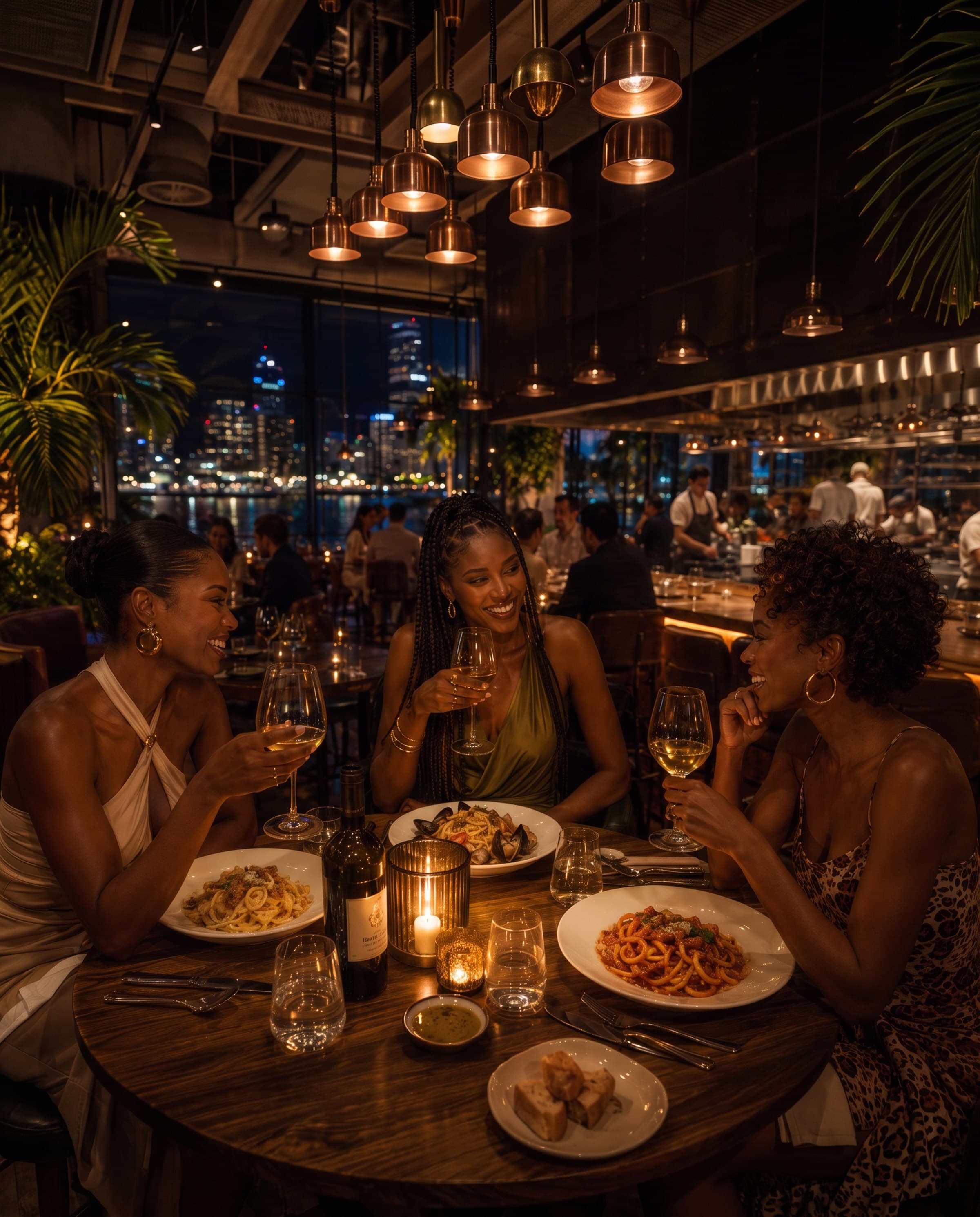 Three women toast with glasses of white wine at a round table set with pasta dishes, bread and candlelight, in a restaurant with an open kitchen and floor-to-ceiling windows overlooking a lit city skyline across the water at night.